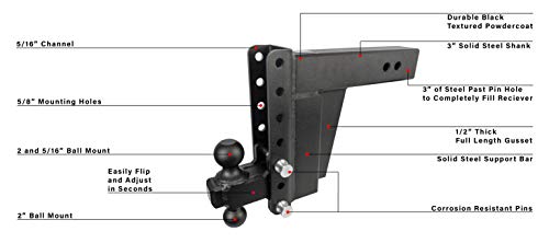 BulletProof Hitches 3.0" Adjustable Extreme Duty (36,000lb Rating) 8" Drop/Rise Trailer Hitch with 2" and 2 5/16" Dual Ball (Black Textured Powder Coat, Solid Steel)