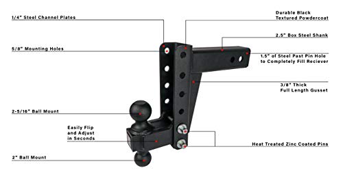 BulletProof Hitches 2.5" Adjustable Medium Duty (14,000lb Rating) 6" Drop/Rise Trailer Hitch with 2" and 2 5/16" Dual Ball (Black Textured Powder Coat)