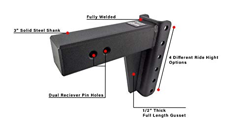 BulletProof Hitches 3.0" Adjustable Heavy Duty (22,000lb Rating) 6" Drop/Rise Trailer Hitch with 2" and 2 5/16" Dual Ball (Black Textured Powder Coat, Solid Steel)