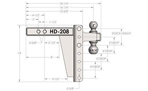 BulletProof Hitches 2.0" Adjustable Heavy Duty (22,000lb Rating) 8" Drop/Rise Trailer Hitch with 2" and 2 5/16" Dual Ball (Black Textured Powder Coat, Solid Steel)