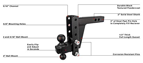 BulletProof Hitches 2.0" Adjustable Extreme Duty (30,000lb Rating) 6" Drop/Rise Trailer Hitch with 2" and 2 5/16" Dual Ball (Black Textured Powder Coat, Solid Steel)