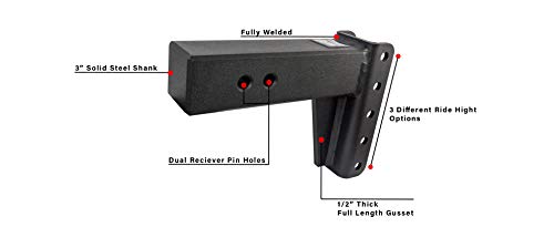BulletProof Hitches 3.0" Adjustable Heavy Duty (22,000lb Rating) 4" Drop/Rise Trailer Hitch with 2" and 2 5/16" Dual Ball (Black Textured Powder Coat, Solid Steel)