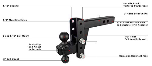 BulletProof Hitches 2.0" Adjustable Heavy Duty (22,000lb Rating) 4" Drop/Rise Trailer Hitch with 2" and 2 5/16" Dual Ball (Black Textured Powder Coat, Solid Steel)