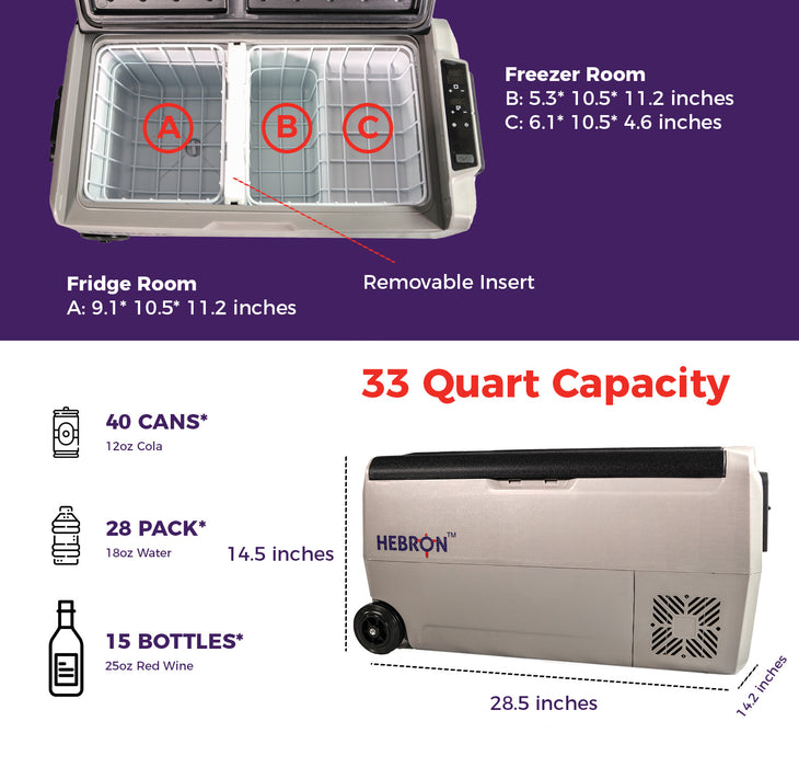 Hebron 33 Quart Dual Zone Portable Refrigerator/Freezer - 12 Volt DC/120V AC Mini Chest Cooler for Vans, Campers, RVs and Boats