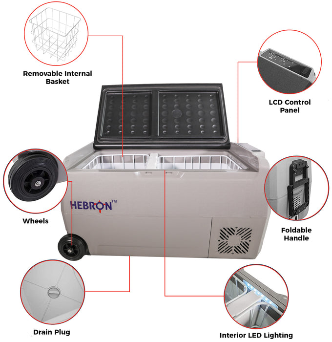 Hebron 33 Quart Dual Zone Portable Refrigerator/Freezer - 12 Volt DC/120V AC Mini Chest Cooler for Vans, Campers, RVs and Boats