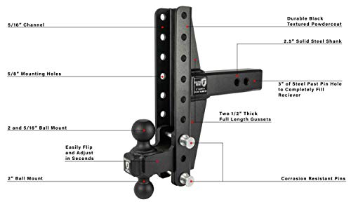 BulletProof Hitches 2.5" Adjustable Extreme Duty (36,000lb Rating) Offset 4" & 6" Drop/Rise Trailer Hitch with 2" and 2 5/16" Dual Ball (Black Textured Powder Coat, Solid Steel)