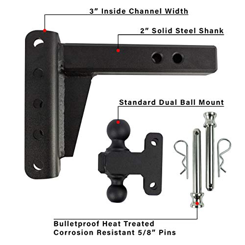 BulletProof Hitches 2.0" Adjustable Heavy Duty (22,000lb Rating) 4" Drop/Rise Trailer Hitch with 2" and 2 5/16" Dual Ball (Black Textured Powder Coat, Solid Steel)