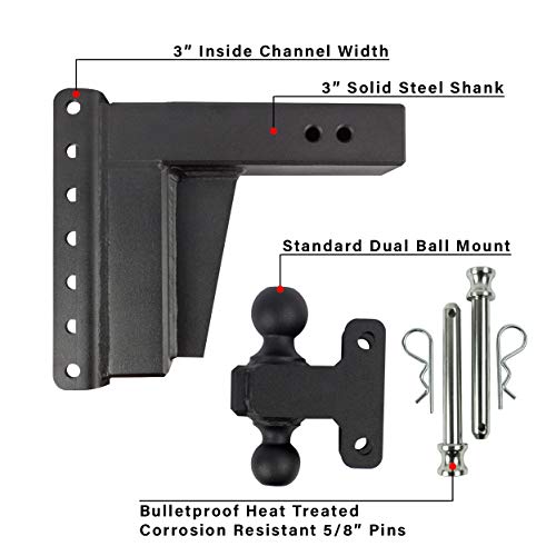 BulletProof Hitches 3.0" Adjustable Extreme Duty (36,000lb Rating) 8" Drop/Rise Trailer Hitch with 2" and 2 5/16" Dual Ball (Black Textured Powder Coat, Solid Steel)