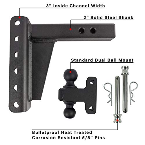 BulletProof Hitches 2.0" Adjustable Extreme Duty (30,000lb Rating) 6" Drop/Rise Trailer Hitch with 2" and 2 5/16" Dual Ball (Black Textured Powder Coat, Solid Steel)