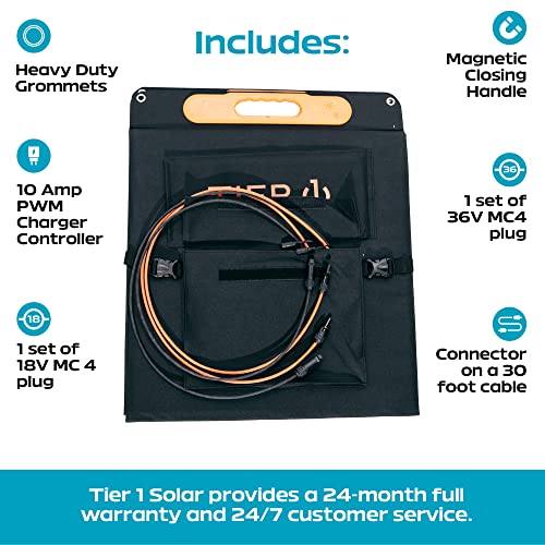 Tier 1 Solar 200 Watt Dual Voltage Portable Solar Panel (for 12V or 24V Batteries) with PWM Charge Controller + Most Common RV Connector Included, Foldable, Lightweight Solar Charger for RVs, Camping