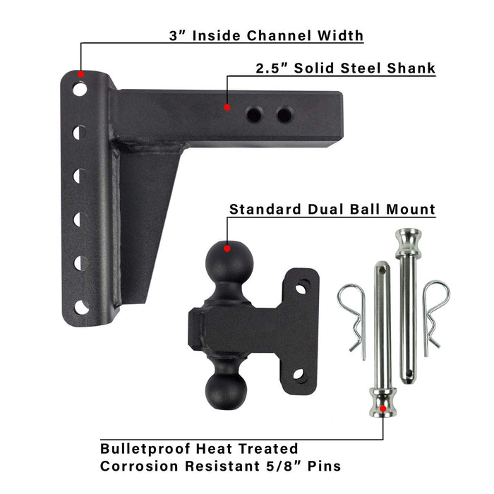 BulletProof Hitches 2.5" Adjustable Heavy Duty (22,000lb Rating) 8" Drop/Rise Trailer Hitch with 2" and 2 5/16" Dual Ball (Black Textured Powder Coat, Solid Steel)