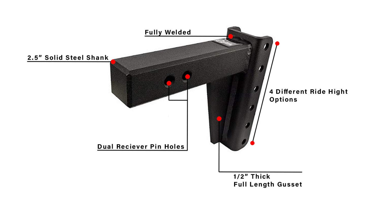 BulletProof Hitches 2.5" Adjustable Heavy Duty (22,000lb Rating) 8" Drop/Rise Trailer Hitch with 2" and 2 5/16" Dual Ball (Black Textured Powder Coat, Solid Steel)