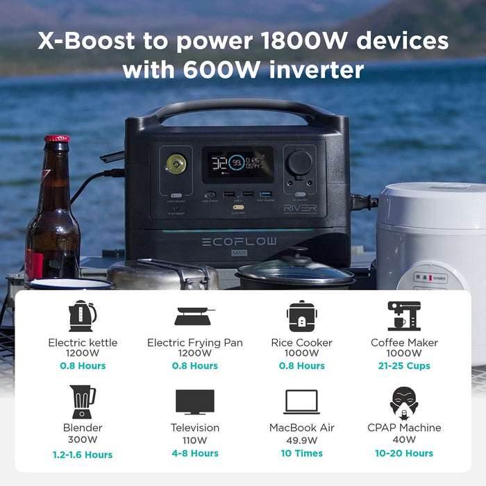 EF ECOFLOW RIVER Max Portable Power Station, 576Wh Backup Lithium Battery with 3 x 600W (Peak 1200W) AC Outlets & LED Flashlight, Clean & Silent Solar Generator for Outdoor Camping RV