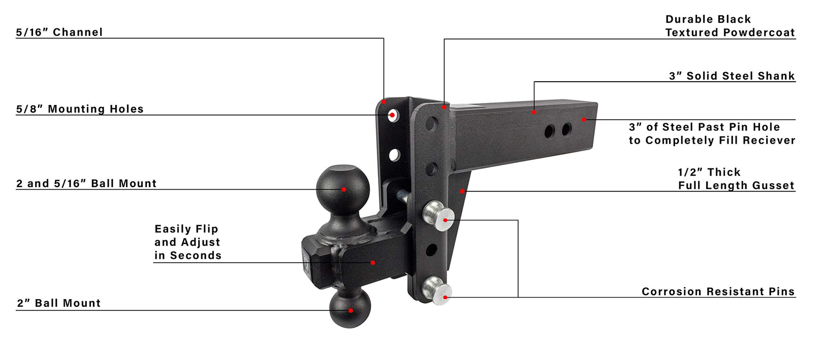 BulletProof Hitches 3.0" Adjustable Extreme Duty (36,000lb Rating) 6" Drop/Rise Trailer Hitch with 2" and 2 5/16" Dual Ball (Black Textured Powder Coat, Solid Steel)