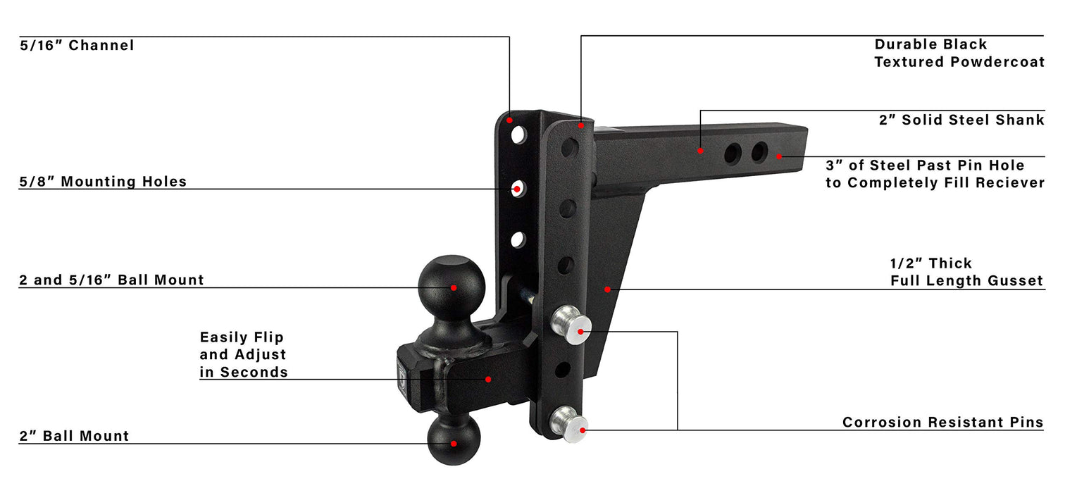 BulletProof Hitches 2.0" Adjustable Heavy Duty (22,000lb Rating) 12" Drop/Rise Trailer Hitch with 2" and 2 5/16" Dual Ball (Black Textured Powder Coat, Solid Steel)