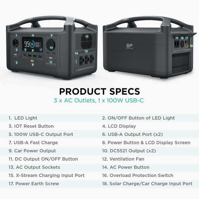 EF ECOFLOW Portable Power Station River 288Wh with 110W Solar Panel, 3 600W (Peak 1200W) AC Outlets, Solar Generator for Outdoors Camping RV Hunting Emergency