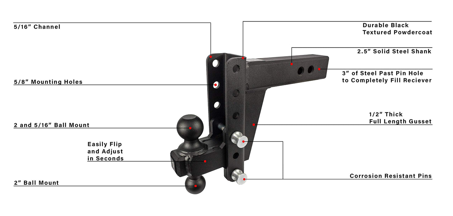 BulletProof Hitches 2.5" Adjustable Heavy Duty (22,000lb Rating) 4" Drop/Rise Trailer Hitch with 2" and 2 5/16" Dual Ball (Black Textured Powder Coat, Solid Steel)
