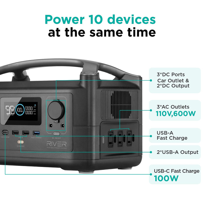 EF ECOFLOW Portable Power Station RIVER, 288Wh Backup Lithium Battery with 3 600W (Peak 1200W) AC Outlets & LED Flashlight, Clean & Silent Solar Generator for Outdoor Camping RV Emergencies Home