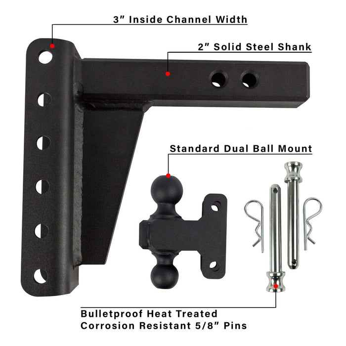 BulletProof Hitches 2.0" Adjustable Heavy Duty (22,000lb Rating) 12" Drop/Rise Trailer Hitch with 2" and 2 5/16" Dual Ball (Black Textured Powder Coat, Solid Steel)