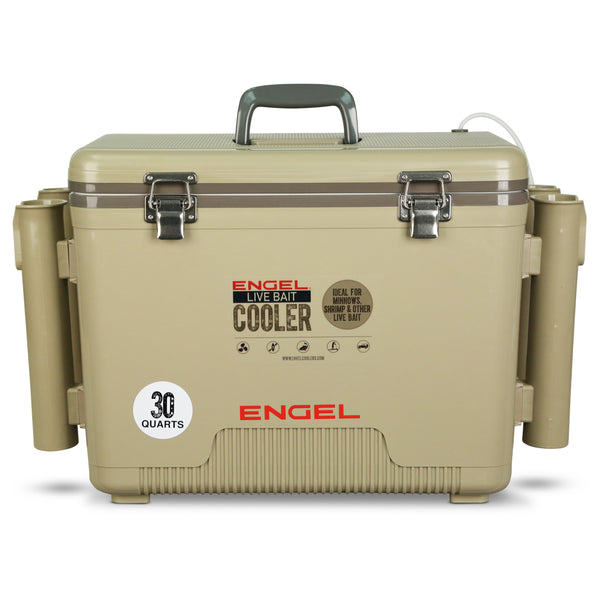 Engel Tan Live bait Pro Cooler with Rechargeable Aerator & Stainless Hardware