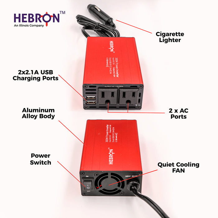 Hebron 300W Car Power Inverter - Portable 12V DC to 110V AC Charger